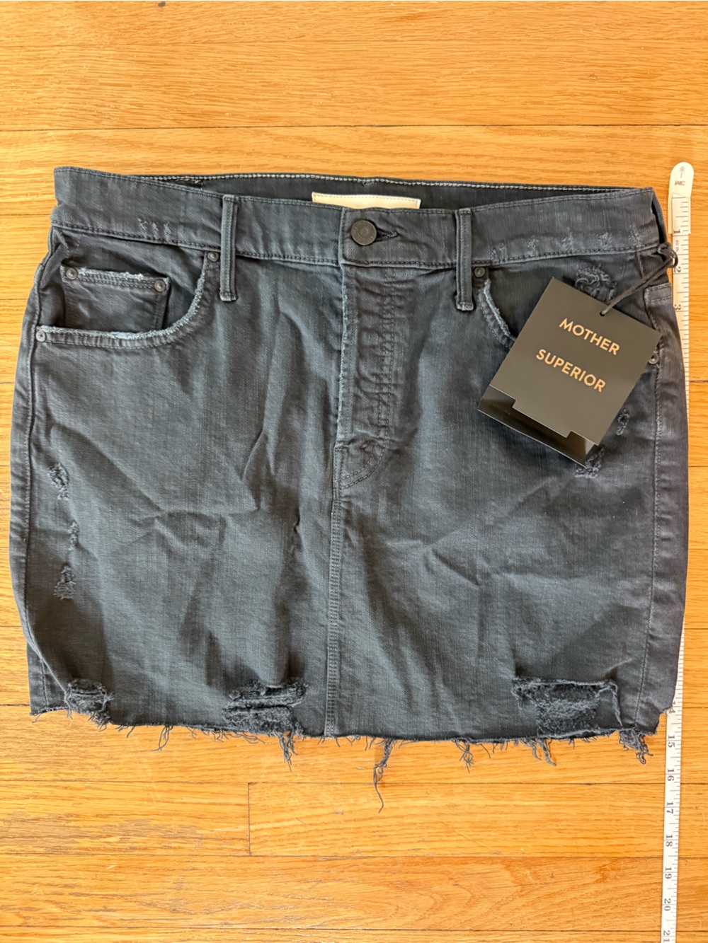 MOTHER Black Distressed Denim Mini Skirt